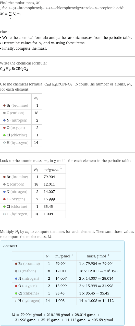 Find the molar mass, M, for 1-(4-bromophenyl)-3-(4-chlorophenyl)pyrazole-4-propionic acid: M = sum _iN_im_i Plan: • Write the chemical formula and gather atomic masses from the periodic table. • Determine values for N_i and m_i using these items. • Finally, compute the mass. Write the chemical formula: C_18H_14BrClN_2O_2 Use the chemical formula, C_18H_14BrClN_2O_2, to count the number of atoms, N_i, for each element:  | N_i  Br (bromine) | 1  C (carbon) | 18  N (nitrogen) | 2  O (oxygen) | 2  Cl (chlorine) | 1  H (hydrogen) | 14 Look up the atomic mass, m_i, in g·mol^(-1) for each element in the periodic table:  | N_i | m_i/g·mol^(-1)  Br (bromine) | 1 | 79.904  C (carbon) | 18 | 12.011  N (nitrogen) | 2 | 14.007  O (oxygen) | 2 | 15.999  Cl (chlorine) | 1 | 35.45  H (hydrogen) | 14 | 1.008 Multiply N_i by m_i to compute the mass for each element. Then sum those values to compute the molar mass, M: Answer: |   | | N_i | m_i/g·mol^(-1) | mass/g·mol^(-1)  Br (bromine) | 1 | 79.904 | 1 × 79.904 = 79.904  C (carbon) | 18 | 12.011 | 18 × 12.011 = 216.198  N (nitrogen) | 2 | 14.007 | 2 × 14.007 = 28.014  O (oxygen) | 2 | 15.999 | 2 × 15.999 = 31.998  Cl (chlorine) | 1 | 35.45 | 1 × 35.45 = 35.45  H (hydrogen) | 14 | 1.008 | 14 × 1.008 = 14.112  M = 79.904 g/mol + 216.198 g/mol + 28.014 g/mol + 31.998 g/mol + 35.45 g/mol + 14.112 g/mol = 405.68 g/mol