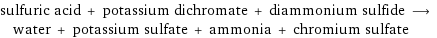 sulfuric acid + potassium dichromate + diammonium sulfide ⟶ water + potassium sulfate + ammonia + chromium sulfate