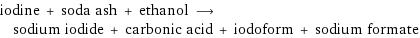 iodine + soda ash + ethanol ⟶ sodium iodide + carbonic acid + iodoform + sodium formate