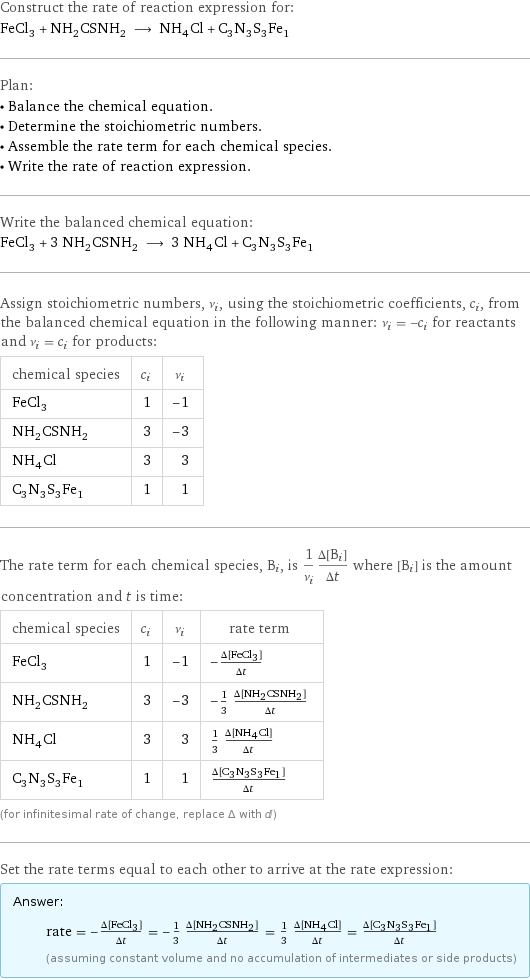 Construct the rate of reaction expression for: FeCl_3 + NH_2CSNH_2 ⟶ NH_4Cl + C_3N_3S_3Fe_1 Plan: • Balance the chemical equation. • Determine the stoichiometric numbers. • Assemble the rate term for each chemical species. • Write the rate of reaction expression. Write the balanced chemical equation: FeCl_3 + 3 NH_2CSNH_2 ⟶ 3 NH_4Cl + C_3N_3S_3Fe_1 Assign stoichiometric numbers, ν_i, using the stoichiometric coefficients, c_i, from the balanced chemical equation in the following manner: ν_i = -c_i for reactants and ν_i = c_i for products: chemical species | c_i | ν_i FeCl_3 | 1 | -1 NH_2CSNH_2 | 3 | -3 NH_4Cl | 3 | 3 C_3N_3S_3Fe_1 | 1 | 1 The rate term for each chemical species, B_i, is 1/ν_i(Δ[B_i])/(Δt) where [B_i] is the amount concentration and t is time: chemical species | c_i | ν_i | rate term FeCl_3 | 1 | -1 | -(Δ[FeCl3])/(Δt) NH_2CSNH_2 | 3 | -3 | -1/3 (Δ[NH2CSNH2])/(Δt) NH_4Cl | 3 | 3 | 1/3 (Δ[NH4Cl])/(Δt) C_3N_3S_3Fe_1 | 1 | 1 | (Δ[C3N3S3Fe1])/(Δt) (for infinitesimal rate of change, replace Δ with d) Set the rate terms equal to each other to arrive at the rate expression: Answer: |   | rate = -(Δ[FeCl3])/(Δt) = -1/3 (Δ[NH2CSNH2])/(Δt) = 1/3 (Δ[NH4Cl])/(Δt) = (Δ[C3N3S3Fe1])/(Δt) (assuming constant volume and no accumulation of intermediates or side products)