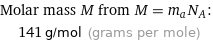 Molar mass M from M = m_aN_A:  | 141 g/mol (grams per mole)