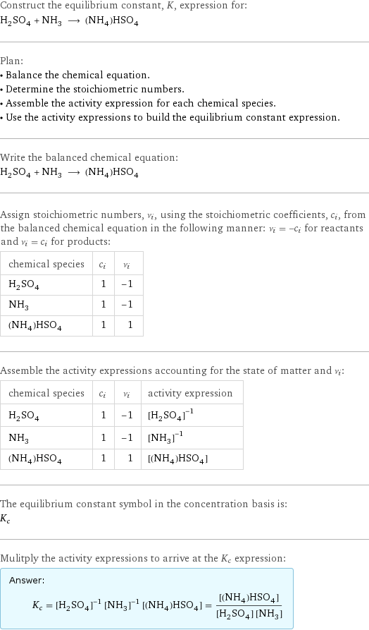 Construct the equilibrium constant, K, expression for: H_2SO_4 + NH_3 ⟶ (NH_4)HSO_4 Plan: • Balance the chemical equation. • Determine the stoichiometric numbers. • Assemble the activity expression for each chemical species. • Use the activity expressions to build the equilibrium constant expression. Write the balanced chemical equation: H_2SO_4 + NH_3 ⟶ (NH_4)HSO_4 Assign stoichiometric numbers, ν_i, using the stoichiometric coefficients, c_i, from the balanced chemical equation in the following manner: ν_i = -c_i for reactants and ν_i = c_i for products: chemical species | c_i | ν_i H_2SO_4 | 1 | -1 NH_3 | 1 | -1 (NH_4)HSO_4 | 1 | 1 Assemble the activity expressions accounting for the state of matter and ν_i: chemical species | c_i | ν_i | activity expression H_2SO_4 | 1 | -1 | ([H2SO4])^(-1) NH_3 | 1 | -1 | ([NH3])^(-1) (NH_4)HSO_4 | 1 | 1 | [(NH4)HSO4] The equilibrium constant symbol in the concentration basis is: K_c Mulitply the activity expressions to arrive at the K_c expression: Answer: |   | K_c = ([H2SO4])^(-1) ([NH3])^(-1) [(NH4)HSO4] = ([(NH4)HSO4])/([H2SO4] [NH3])