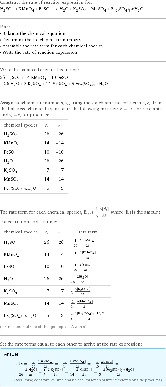 Construct the rate of reaction expression for: H_2SO_4 + KMnO_4 + FeSO ⟶ H_2O + K_2SO_4 + MnSO_4 + Fe_2(SO_4)_3·xH_2O Plan: • Balance the chemical equation. • Determine the stoichiometric numbers. • Assemble the rate term for each chemical species. • Write the rate of reaction expression. Write the balanced chemical equation: 26 H_2SO_4 + 14 KMnO_4 + 10 FeSO ⟶ 26 H_2O + 7 K_2SO_4 + 14 MnSO_4 + 5 Fe_2(SO_4)_3·xH_2O Assign stoichiometric numbers, ν_i, using the stoichiometric coefficients, c_i, from the balanced chemical equation in the following manner: ν_i = -c_i for reactants and ν_i = c_i for products: chemical species | c_i | ν_i H_2SO_4 | 26 | -26 KMnO_4 | 14 | -14 FeSO | 10 | -10 H_2O | 26 | 26 K_2SO_4 | 7 | 7 MnSO_4 | 14 | 14 Fe_2(SO_4)_3·xH_2O | 5 | 5 The rate term for each chemical species, B_i, is 1/ν_i(Δ[B_i])/(Δt) where [B_i] is the amount concentration and t is time: chemical species | c_i | ν_i | rate term H_2SO_4 | 26 | -26 | -1/26 (Δ[H2SO4])/(Δt) KMnO_4 | 14 | -14 | -1/14 (Δ[KMnO4])/(Δt) FeSO | 10 | -10 | -1/10 (Δ[FeSO])/(Δt) H_2O | 26 | 26 | 1/26 (Δ[H2O])/(Δt) K_2SO_4 | 7 | 7 | 1/7 (Δ[K2SO4])/(Δt) MnSO_4 | 14 | 14 | 1/14 (Δ[MnSO4])/(Δt) Fe_2(SO_4)_3·xH_2O | 5 | 5 | 1/5 (Δ[Fe2(SO4)3·xH2O])/(Δt) (for infinitesimal rate of change, replace Δ with d) Set the rate terms equal to each other to arrive at the rate expression: Answer: |   | rate = -1/26 (Δ[H2SO4])/(Δt) = -1/14 (Δ[KMnO4])/(Δt) = -1/10 (Δ[FeSO])/(Δt) = 1/26 (Δ[H2O])/(Δt) = 1/7 (Δ[K2SO4])/(Δt) = 1/14 (Δ[MnSO4])/(Δt) = 1/5 (Δ[Fe2(SO4)3·xH2O])/(Δt) (assuming constant volume and no accumulation of intermediates or side products)