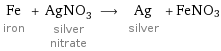 Fe iron + AgNO_3 silver nitrate ⟶ Ag silver + FeNO3