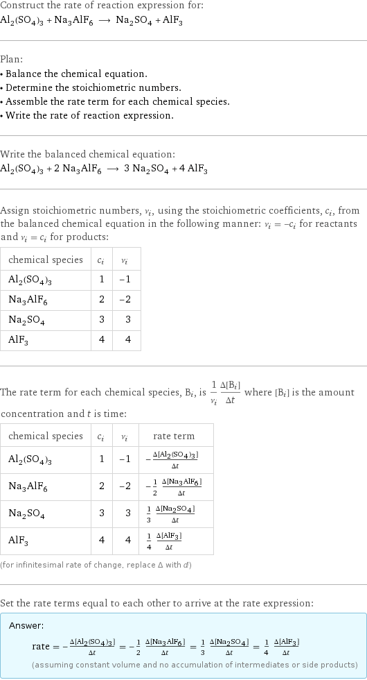 Construct the rate of reaction expression for: Al_2(SO_4)_3 + Na_3AlF_6 ⟶ Na_2SO_4 + AlF_3 Plan: • Balance the chemical equation. • Determine the stoichiometric numbers. • Assemble the rate term for each chemical species. • Write the rate of reaction expression. Write the balanced chemical equation: Al_2(SO_4)_3 + 2 Na_3AlF_6 ⟶ 3 Na_2SO_4 + 4 AlF_3 Assign stoichiometric numbers, ν_i, using the stoichiometric coefficients, c_i, from the balanced chemical equation in the following manner: ν_i = -c_i for reactants and ν_i = c_i for products: chemical species | c_i | ν_i Al_2(SO_4)_3 | 1 | -1 Na_3AlF_6 | 2 | -2 Na_2SO_4 | 3 | 3 AlF_3 | 4 | 4 The rate term for each chemical species, B_i, is 1/ν_i(Δ[B_i])/(Δt) where [B_i] is the amount concentration and t is time: chemical species | c_i | ν_i | rate term Al_2(SO_4)_3 | 1 | -1 | -(Δ[Al2(SO4)3])/(Δt) Na_3AlF_6 | 2 | -2 | -1/2 (Δ[Na3AlF6])/(Δt) Na_2SO_4 | 3 | 3 | 1/3 (Δ[Na2SO4])/(Δt) AlF_3 | 4 | 4 | 1/4 (Δ[AlF3])/(Δt) (for infinitesimal rate of change, replace Δ with d) Set the rate terms equal to each other to arrive at the rate expression: Answer: |   | rate = -(Δ[Al2(SO4)3])/(Δt) = -1/2 (Δ[Na3AlF6])/(Δt) = 1/3 (Δ[Na2SO4])/(Δt) = 1/4 (Δ[AlF3])/(Δt) (assuming constant volume and no accumulation of intermediates or side products)