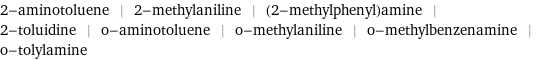 2-aminotoluene | 2-methylaniline | (2-methylphenyl)amine | 2-toluidine | o-aminotoluene | o-methylaniline | o-methylbenzenamine | o-tolylamine