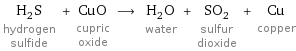 H_2S hydrogen sulfide + CuO cupric oxide ⟶ H_2O water + SO_2 sulfur dioxide + Cu copper
