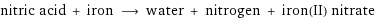 nitric acid + iron ⟶ water + nitrogen + iron(II) nitrate