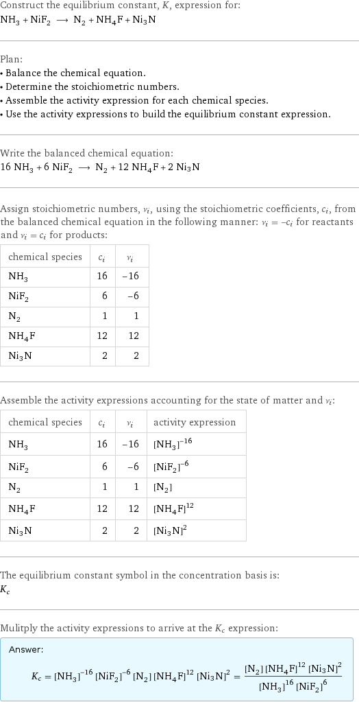 Construct the equilibrium constant, K, expression for: NH_3 + NiF_2 ⟶ N_2 + NH_4F + Ni3N Plan: • Balance the chemical equation. • Determine the stoichiometric numbers. • Assemble the activity expression for each chemical species. • Use the activity expressions to build the equilibrium constant expression. Write the balanced chemical equation: 16 NH_3 + 6 NiF_2 ⟶ N_2 + 12 NH_4F + 2 Ni3N Assign stoichiometric numbers, ν_i, using the stoichiometric coefficients, c_i, from the balanced chemical equation in the following manner: ν_i = -c_i for reactants and ν_i = c_i for products: chemical species | c_i | ν_i NH_3 | 16 | -16 NiF_2 | 6 | -6 N_2 | 1 | 1 NH_4F | 12 | 12 Ni3N | 2 | 2 Assemble the activity expressions accounting for the state of matter and ν_i: chemical species | c_i | ν_i | activity expression NH_3 | 16 | -16 | ([NH3])^(-16) NiF_2 | 6 | -6 | ([NiF2])^(-6) N_2 | 1 | 1 | [N2] NH_4F | 12 | 12 | ([NH4F])^12 Ni3N | 2 | 2 | ([Ni3N])^2 The equilibrium constant symbol in the concentration basis is: K_c Mulitply the activity expressions to arrive at the K_c expression: Answer: |   | K_c = ([NH3])^(-16) ([NiF2])^(-6) [N2] ([NH4F])^12 ([Ni3N])^2 = ([N2] ([NH4F])^12 ([Ni3N])^2)/(([NH3])^16 ([NiF2])^6)