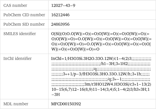 CAS number | 12027-43-9 PubChem CID number | 16212446 PubChem SID number | 24863956 SMILES identifier | O[Si](O)O.O[W](=O)(=O)O[W](=O)(=O)O[W](=O)(=O)O[W](=O)=O.O[W](=O)(=O)O[W](=O)(=O)O[W](=O)(=O)O[W](=O)=O.O[W](=O)(=O)O[W](=O)(=O)O[W](=O)(=O)O[W](=O)=O InChI identifier | InChI=1/H3O3Si.3H2O.33O.12W/c1-4(2)3;;;;;;;;;;;;;;;;;;;;;;;;;;;;;;;;;;;;;;;;;;;;;;;;/h1-3H;3*1H2;;;;;;;;;;;;;;;;;;;;;;;;;;;;;;;;;;;;;;;;;;;;;/q;;;;;;;;;;;;;;;;;;;;;;;;;;;;;;;;;;;;;;;;;;;;;;3*+1/p-3/fH3O3Si.3HO.33O.12W/h;3*1h;;;;;;;;;;;;;;;;;;;;;;;;;;;;;;;;;;;;;;;;;;;;;/q;3*-1;;;;;;;;;;;;;;;;;;;;;;;;;;;;;;;;;;;;;;;;;;;3m/r3HO12W4.H3O3Si/c3*1-13(2)10-15(6, 7)12-16(8, 9)11-14(3, 4)5;1-4(2)3/h3*3H;1-3H MDL number | MFCD00150392