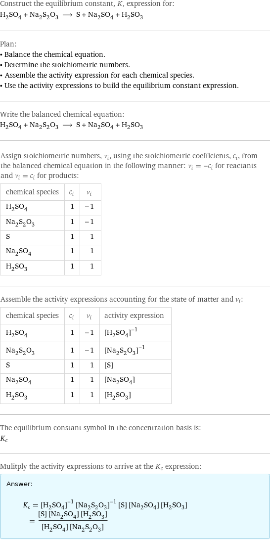 Construct the equilibrium constant, K, expression for: H_2SO_4 + Na_2S_2O_3 ⟶ S + Na_2SO_4 + H_2SO_3 Plan: • Balance the chemical equation. • Determine the stoichiometric numbers. • Assemble the activity expression for each chemical species. • Use the activity expressions to build the equilibrium constant expression. Write the balanced chemical equation: H_2SO_4 + Na_2S_2O_3 ⟶ S + Na_2SO_4 + H_2SO_3 Assign stoichiometric numbers, ν_i, using the stoichiometric coefficients, c_i, from the balanced chemical equation in the following manner: ν_i = -c_i for reactants and ν_i = c_i for products: chemical species | c_i | ν_i H_2SO_4 | 1 | -1 Na_2S_2O_3 | 1 | -1 S | 1 | 1 Na_2SO_4 | 1 | 1 H_2SO_3 | 1 | 1 Assemble the activity expressions accounting for the state of matter and ν_i: chemical species | c_i | ν_i | activity expression H_2SO_4 | 1 | -1 | ([H2SO4])^(-1) Na_2S_2O_3 | 1 | -1 | ([Na2S2O3])^(-1) S | 1 | 1 | [S] Na_2SO_4 | 1 | 1 | [Na2SO4] H_2SO_3 | 1 | 1 | [H2SO3] The equilibrium constant symbol in the concentration basis is: K_c Mulitply the activity expressions to arrive at the K_c expression: Answer: |   | K_c = ([H2SO4])^(-1) ([Na2S2O3])^(-1) [S] [Na2SO4] [H2SO3] = ([S] [Na2SO4] [H2SO3])/([H2SO4] [Na2S2O3])