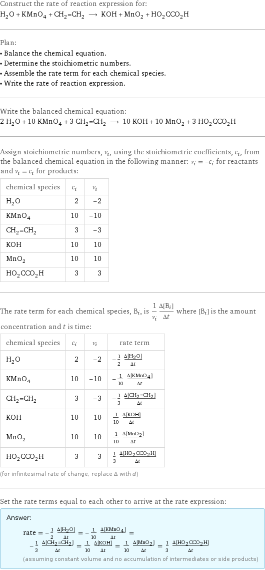 Construct the rate of reaction expression for: H_2O + KMnO_4 + CH_2=CH_2 ⟶ KOH + MnO_2 + HO_2CCO_2H Plan: • Balance the chemical equation. • Determine the stoichiometric numbers. • Assemble the rate term for each chemical species. • Write the rate of reaction expression. Write the balanced chemical equation: 2 H_2O + 10 KMnO_4 + 3 CH_2=CH_2 ⟶ 10 KOH + 10 MnO_2 + 3 HO_2CCO_2H Assign stoichiometric numbers, ν_i, using the stoichiometric coefficients, c_i, from the balanced chemical equation in the following manner: ν_i = -c_i for reactants and ν_i = c_i for products: chemical species | c_i | ν_i H_2O | 2 | -2 KMnO_4 | 10 | -10 CH_2=CH_2 | 3 | -3 KOH | 10 | 10 MnO_2 | 10 | 10 HO_2CCO_2H | 3 | 3 The rate term for each chemical species, B_i, is 1/ν_i(Δ[B_i])/(Δt) where [B_i] is the amount concentration and t is time: chemical species | c_i | ν_i | rate term H_2O | 2 | -2 | -1/2 (Δ[H2O])/(Δt) KMnO_4 | 10 | -10 | -1/10 (Δ[KMnO4])/(Δt) CH_2=CH_2 | 3 | -3 | -1/3 (Δ[CH2=CH2])/(Δt) KOH | 10 | 10 | 1/10 (Δ[KOH])/(Δt) MnO_2 | 10 | 10 | 1/10 (Δ[MnO2])/(Δt) HO_2CCO_2H | 3 | 3 | 1/3 (Δ[HO2CCO2H])/(Δt) (for infinitesimal rate of change, replace Δ with d) Set the rate terms equal to each other to arrive at the rate expression: Answer: |   | rate = -1/2 (Δ[H2O])/(Δt) = -1/10 (Δ[KMnO4])/(Δt) = -1/3 (Δ[CH2=CH2])/(Δt) = 1/10 (Δ[KOH])/(Δt) = 1/10 (Δ[MnO2])/(Δt) = 1/3 (Δ[HO2CCO2H])/(Δt) (assuming constant volume and no accumulation of intermediates or side products)