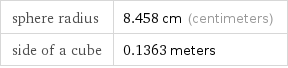 sphere radius | 8.458 cm (centimeters) side of a cube | 0.1363 meters