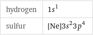 hydrogen | 1s^1 sulfur | [Ne]3s^23p^4