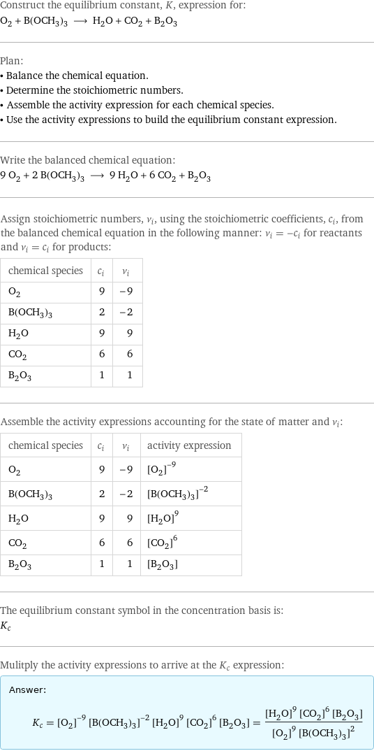 Construct the equilibrium constant, K, expression for: O_2 + B(OCH_3)_3 ⟶ H_2O + CO_2 + B_2O_3 Plan: • Balance the chemical equation. • Determine the stoichiometric numbers. • Assemble the activity expression for each chemical species. • Use the activity expressions to build the equilibrium constant expression. Write the balanced chemical equation: 9 O_2 + 2 B(OCH_3)_3 ⟶ 9 H_2O + 6 CO_2 + B_2O_3 Assign stoichiometric numbers, ν_i, using the stoichiometric coefficients, c_i, from the balanced chemical equation in the following manner: ν_i = -c_i for reactants and ν_i = c_i for products: chemical species | c_i | ν_i O_2 | 9 | -9 B(OCH_3)_3 | 2 | -2 H_2O | 9 | 9 CO_2 | 6 | 6 B_2O_3 | 1 | 1 Assemble the activity expressions accounting for the state of matter and ν_i: chemical species | c_i | ν_i | activity expression O_2 | 9 | -9 | ([O2])^(-9) B(OCH_3)_3 | 2 | -2 | ([B(OCH3)3])^(-2) H_2O | 9 | 9 | ([H2O])^9 CO_2 | 6 | 6 | ([CO2])^6 B_2O_3 | 1 | 1 | [B2O3] The equilibrium constant symbol in the concentration basis is: K_c Mulitply the activity expressions to arrive at the K_c expression: Answer: |   | K_c = ([O2])^(-9) ([B(OCH3)3])^(-2) ([H2O])^9 ([CO2])^6 [B2O3] = (([H2O])^9 ([CO2])^6 [B2O3])/(([O2])^9 ([B(OCH3)3])^2)