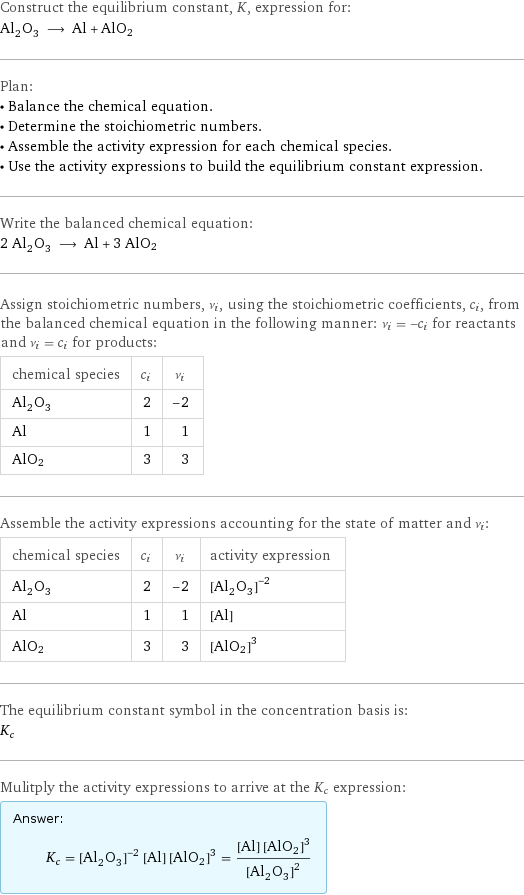 Construct the equilibrium constant, K, expression for: Al_2O_3 ⟶ Al + AlO2 Plan: • Balance the chemical equation. • Determine the stoichiometric numbers. • Assemble the activity expression for each chemical species. • Use the activity expressions to build the equilibrium constant expression. Write the balanced chemical equation: 2 Al_2O_3 ⟶ Al + 3 AlO2 Assign stoichiometric numbers, ν_i, using the stoichiometric coefficients, c_i, from the balanced chemical equation in the following manner: ν_i = -c_i for reactants and ν_i = c_i for products: chemical species | c_i | ν_i Al_2O_3 | 2 | -2 Al | 1 | 1 AlO2 | 3 | 3 Assemble the activity expressions accounting for the state of matter and ν_i: chemical species | c_i | ν_i | activity expression Al_2O_3 | 2 | -2 | ([Al2O3])^(-2) Al | 1 | 1 | [Al] AlO2 | 3 | 3 | ([AlO2])^3 The equilibrium constant symbol in the concentration basis is: K_c Mulitply the activity expressions to arrive at the K_c expression: Answer: |   | K_c = ([Al2O3])^(-2) [Al] ([AlO2])^3 = ([Al] ([AlO2])^3)/([Al2O3])^2