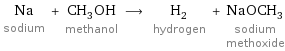 Na sodium + CH_3OH methanol ⟶ H_2 hydrogen + NaOCH_3 sodium methoxide