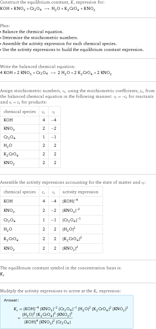 Construct the equilibrium constant, K, expression for: KOH + KNO_3 + Cr2O4 ⟶ H_2O + K_2CrO_4 + KNO_2 Plan: • Balance the chemical equation. • Determine the stoichiometric numbers. • Assemble the activity expression for each chemical species. • Use the activity expressions to build the equilibrium constant expression. Write the balanced chemical equation: 4 KOH + 2 KNO_3 + Cr2O4 ⟶ 2 H_2O + 2 K_2CrO_4 + 2 KNO_2 Assign stoichiometric numbers, ν_i, using the stoichiometric coefficients, c_i, from the balanced chemical equation in the following manner: ν_i = -c_i for reactants and ν_i = c_i for products: chemical species | c_i | ν_i KOH | 4 | -4 KNO_3 | 2 | -2 Cr2O4 | 1 | -1 H_2O | 2 | 2 K_2CrO_4 | 2 | 2 KNO_2 | 2 | 2 Assemble the activity expressions accounting for the state of matter and ν_i: chemical species | c_i | ν_i | activity expression KOH | 4 | -4 | ([KOH])^(-4) KNO_3 | 2 | -2 | ([KNO3])^(-2) Cr2O4 | 1 | -1 | ([Cr2O4])^(-1) H_2O | 2 | 2 | ([H2O])^2 K_2CrO_4 | 2 | 2 | ([K2CrO4])^2 KNO_2 | 2 | 2 | ([KNO2])^2 The equilibrium constant symbol in the concentration basis is: K_c Mulitply the activity expressions to arrive at the K_c expression: Answer: |   | K_c = ([KOH])^(-4) ([KNO3])^(-2) ([Cr2O4])^(-1) ([H2O])^2 ([K2CrO4])^2 ([KNO2])^2 = (([H2O])^2 ([K2CrO4])^2 ([KNO2])^2)/(([KOH])^4 ([KNO3])^2 [Cr2O4])