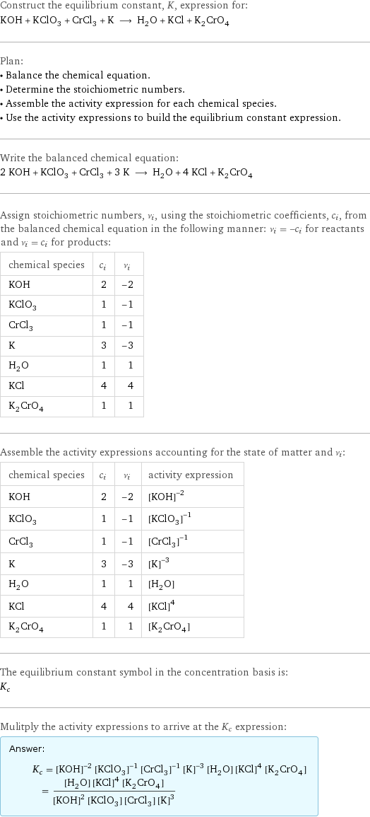 Construct the equilibrium constant, K, expression for: KOH + KClO_3 + CrCl_3 + K ⟶ H_2O + KCl + K_2CrO_4 Plan: • Balance the chemical equation. • Determine the stoichiometric numbers. • Assemble the activity expression for each chemical species. • Use the activity expressions to build the equilibrium constant expression. Write the balanced chemical equation: 2 KOH + KClO_3 + CrCl_3 + 3 K ⟶ H_2O + 4 KCl + K_2CrO_4 Assign stoichiometric numbers, ν_i, using the stoichiometric coefficients, c_i, from the balanced chemical equation in the following manner: ν_i = -c_i for reactants and ν_i = c_i for products: chemical species | c_i | ν_i KOH | 2 | -2 KClO_3 | 1 | -1 CrCl_3 | 1 | -1 K | 3 | -3 H_2O | 1 | 1 KCl | 4 | 4 K_2CrO_4 | 1 | 1 Assemble the activity expressions accounting for the state of matter and ν_i: chemical species | c_i | ν_i | activity expression KOH | 2 | -2 | ([KOH])^(-2) KClO_3 | 1 | -1 | ([KClO3])^(-1) CrCl_3 | 1 | -1 | ([CrCl3])^(-1) K | 3 | -3 | ([K])^(-3) H_2O | 1 | 1 | [H2O] KCl | 4 | 4 | ([KCl])^4 K_2CrO_4 | 1 | 1 | [K2CrO4] The equilibrium constant symbol in the concentration basis is: K_c Mulitply the activity expressions to arrive at the K_c expression: Answer: |   | K_c = ([KOH])^(-2) ([KClO3])^(-1) ([CrCl3])^(-1) ([K])^(-3) [H2O] ([KCl])^4 [K2CrO4] = ([H2O] ([KCl])^4 [K2CrO4])/(([KOH])^2 [KClO3] [CrCl3] ([K])^3)