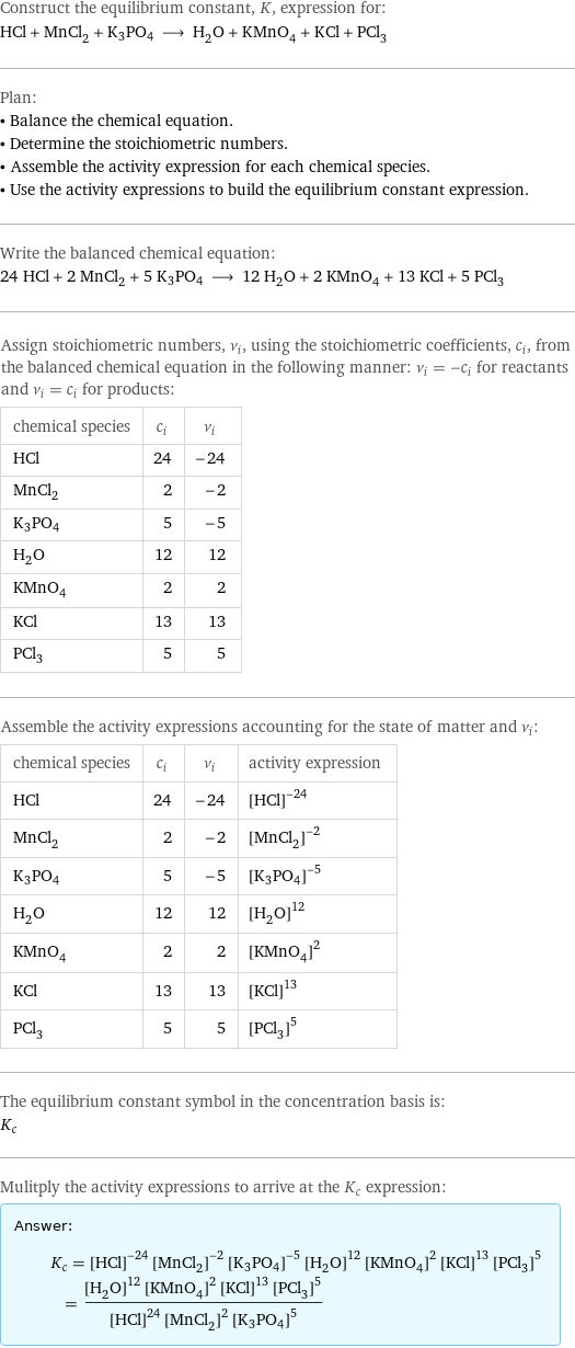 Construct the equilibrium constant, K, expression for: HCl + MnCl_2 + K3PO4 ⟶ H_2O + KMnO_4 + KCl + PCl_3 Plan: • Balance the chemical equation. • Determine the stoichiometric numbers. • Assemble the activity expression for each chemical species. • Use the activity expressions to build the equilibrium constant expression. Write the balanced chemical equation: 24 HCl + 2 MnCl_2 + 5 K3PO4 ⟶ 12 H_2O + 2 KMnO_4 + 13 KCl + 5 PCl_3 Assign stoichiometric numbers, ν_i, using the stoichiometric coefficients, c_i, from the balanced chemical equation in the following manner: ν_i = -c_i for reactants and ν_i = c_i for products: chemical species | c_i | ν_i HCl | 24 | -24 MnCl_2 | 2 | -2 K3PO4 | 5 | -5 H_2O | 12 | 12 KMnO_4 | 2 | 2 KCl | 13 | 13 PCl_3 | 5 | 5 Assemble the activity expressions accounting for the state of matter and ν_i: chemical species | c_i | ν_i | activity expression HCl | 24 | -24 | ([HCl])^(-24) MnCl_2 | 2 | -2 | ([MnCl2])^(-2) K3PO4 | 5 | -5 | ([K3PO4])^(-5) H_2O | 12 | 12 | ([H2O])^12 KMnO_4 | 2 | 2 | ([KMnO4])^2 KCl | 13 | 13 | ([KCl])^13 PCl_3 | 5 | 5 | ([PCl3])^5 The equilibrium constant symbol in the concentration basis is: K_c Mulitply the activity expressions to arrive at the K_c expression: Answer: |   | K_c = ([HCl])^(-24) ([MnCl2])^(-2) ([K3PO4])^(-5) ([H2O])^12 ([KMnO4])^2 ([KCl])^13 ([PCl3])^5 = (([H2O])^12 ([KMnO4])^2 ([KCl])^13 ([PCl3])^5)/(([HCl])^24 ([MnCl2])^2 ([K3PO4])^5)