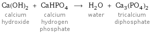 Ca(OH)_2 calcium hydroxide + CaHPO_4 calcium hydrogen phosphate ⟶ H_2O water + Ca_3(PO_4)_2 tricalcium diphosphate