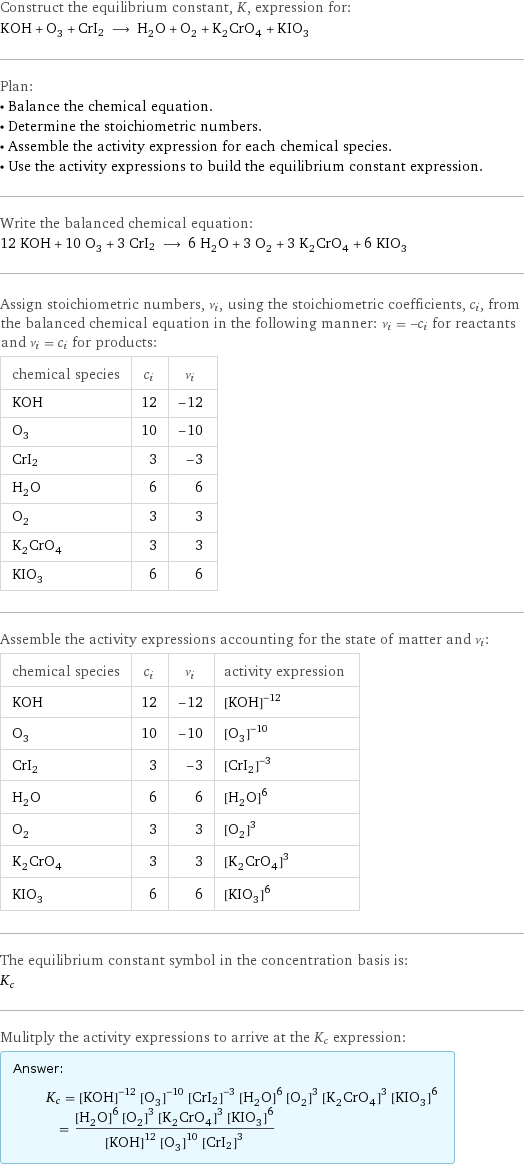 Construct the equilibrium constant, K, expression for: KOH + O_3 + CrI2 ⟶ H_2O + O_2 + K_2CrO_4 + KIO_3 Plan: • Balance the chemical equation. • Determine the stoichiometric numbers. • Assemble the activity expression for each chemical species. • Use the activity expressions to build the equilibrium constant expression. Write the balanced chemical equation: 12 KOH + 10 O_3 + 3 CrI2 ⟶ 6 H_2O + 3 O_2 + 3 K_2CrO_4 + 6 KIO_3 Assign stoichiometric numbers, ν_i, using the stoichiometric coefficients, c_i, from the balanced chemical equation in the following manner: ν_i = -c_i for reactants and ν_i = c_i for products: chemical species | c_i | ν_i KOH | 12 | -12 O_3 | 10 | -10 CrI2 | 3 | -3 H_2O | 6 | 6 O_2 | 3 | 3 K_2CrO_4 | 3 | 3 KIO_3 | 6 | 6 Assemble the activity expressions accounting for the state of matter and ν_i: chemical species | c_i | ν_i | activity expression KOH | 12 | -12 | ([KOH])^(-12) O_3 | 10 | -10 | ([O3])^(-10) CrI2 | 3 | -3 | ([CrI2])^(-3) H_2O | 6 | 6 | ([H2O])^6 O_2 | 3 | 3 | ([O2])^3 K_2CrO_4 | 3 | 3 | ([K2CrO4])^3 KIO_3 | 6 | 6 | ([KIO3])^6 The equilibrium constant symbol in the concentration basis is: K_c Mulitply the activity expressions to arrive at the K_c expression: Answer: |   | K_c = ([KOH])^(-12) ([O3])^(-10) ([CrI2])^(-3) ([H2O])^6 ([O2])^3 ([K2CrO4])^3 ([KIO3])^6 = (([H2O])^6 ([O2])^3 ([K2CrO4])^3 ([KIO3])^6)/(([KOH])^12 ([O3])^10 ([CrI2])^3)