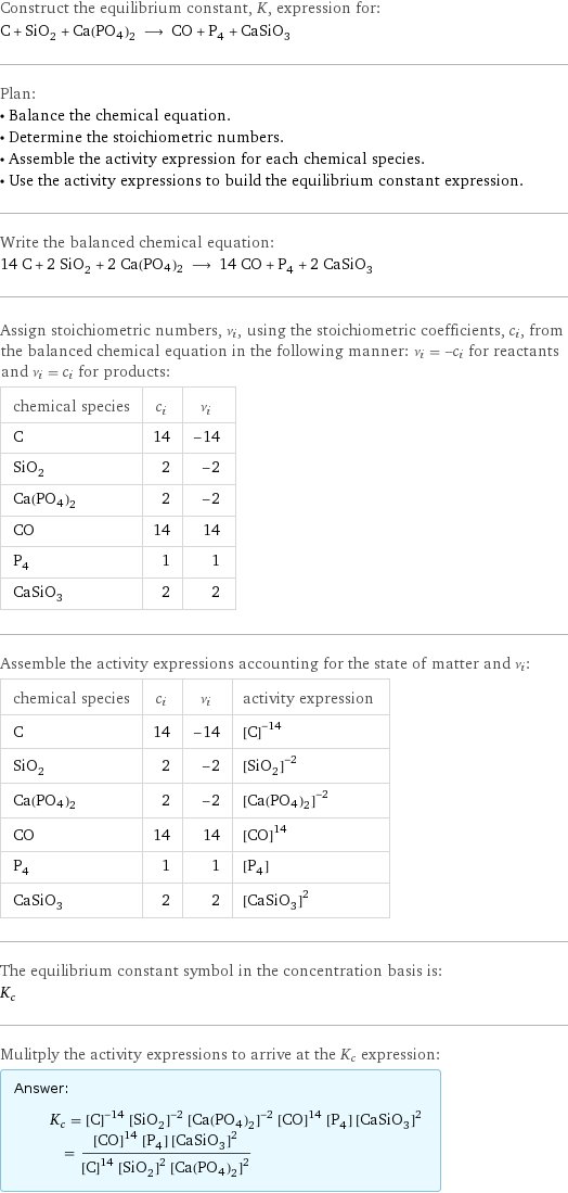 Construct the equilibrium constant, K, expression for: C + SiO_2 + Ca(PO4)2 ⟶ CO + P_4 + CaSiO_3 Plan: • Balance the chemical equation. • Determine the stoichiometric numbers. • Assemble the activity expression for each chemical species. • Use the activity expressions to build the equilibrium constant expression. Write the balanced chemical equation: 14 C + 2 SiO_2 + 2 Ca(PO4)2 ⟶ 14 CO + P_4 + 2 CaSiO_3 Assign stoichiometric numbers, ν_i, using the stoichiometric coefficients, c_i, from the balanced chemical equation in the following manner: ν_i = -c_i for reactants and ν_i = c_i for products: chemical species | c_i | ν_i C | 14 | -14 SiO_2 | 2 | -2 Ca(PO4)2 | 2 | -2 CO | 14 | 14 P_4 | 1 | 1 CaSiO_3 | 2 | 2 Assemble the activity expressions accounting for the state of matter and ν_i: chemical species | c_i | ν_i | activity expression C | 14 | -14 | ([C])^(-14) SiO_2 | 2 | -2 | ([SiO2])^(-2) Ca(PO4)2 | 2 | -2 | ([Ca(PO4)2])^(-2) CO | 14 | 14 | ([CO])^14 P_4 | 1 | 1 | [P4] CaSiO_3 | 2 | 2 | ([CaSiO3])^2 The equilibrium constant symbol in the concentration basis is: K_c Mulitply the activity expressions to arrive at the K_c expression: Answer: |   | K_c = ([C])^(-14) ([SiO2])^(-2) ([Ca(PO4)2])^(-2) ([CO])^14 [P4] ([CaSiO3])^2 = (([CO])^14 [P4] ([CaSiO3])^2)/(([C])^14 ([SiO2])^2 ([Ca(PO4)2])^2)