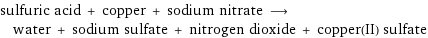 sulfuric acid + copper + sodium nitrate ⟶ water + sodium sulfate + nitrogen dioxide + copper(II) sulfate