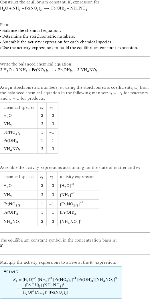 Construct the equilibrium constant, K, expression for: H_2O + NH_3 + Fe(NO_3)_3 ⟶ Fe(OH)_3 + NH_4NO_3 Plan: • Balance the chemical equation. • Determine the stoichiometric numbers. • Assemble the activity expression for each chemical species. • Use the activity expressions to build the equilibrium constant expression. Write the balanced chemical equation: 3 H_2O + 3 NH_3 + Fe(NO_3)_3 ⟶ Fe(OH)_3 + 3 NH_4NO_3 Assign stoichiometric numbers, ν_i, using the stoichiometric coefficients, c_i, from the balanced chemical equation in the following manner: ν_i = -c_i for reactants and ν_i = c_i for products: chemical species | c_i | ν_i H_2O | 3 | -3 NH_3 | 3 | -3 Fe(NO_3)_3 | 1 | -1 Fe(OH)_3 | 1 | 1 NH_4NO_3 | 3 | 3 Assemble the activity expressions accounting for the state of matter and ν_i: chemical species | c_i | ν_i | activity expression H_2O | 3 | -3 | ([H2O])^(-3) NH_3 | 3 | -3 | ([NH3])^(-3) Fe(NO_3)_3 | 1 | -1 | ([Fe(NO3)3])^(-1) Fe(OH)_3 | 1 | 1 | [Fe(OH)3] NH_4NO_3 | 3 | 3 | ([NH4NO3])^3 The equilibrium constant symbol in the concentration basis is: K_c Mulitply the activity expressions to arrive at the K_c expression: Answer: |   | K_c = ([H2O])^(-3) ([NH3])^(-3) ([Fe(NO3)3])^(-1) [Fe(OH)3] ([NH4NO3])^3 = ([Fe(OH)3] ([NH4NO3])^3)/(([H2O])^3 ([NH3])^3 [Fe(NO3)3])