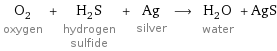 O_2 oxygen + H_2S hydrogen sulfide + Ag silver ⟶ H_2O water + AgS