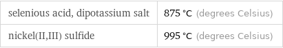 selenious acid, dipotassium salt | 875 °C (degrees Celsius) nickel(II, III) sulfide | 995 °C (degrees Celsius)