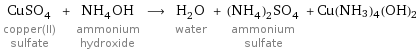 CuSO_4 copper(II) sulfate + NH_4OH ammonium hydroxide ⟶ H_2O water + (NH_4)_2SO_4 ammonium sulfate + Cu(NH3)4(OH)2