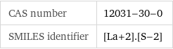 CAS number | 12031-30-0 SMILES identifier | [La+2].[S-2]