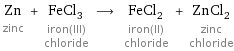 Zn zinc + FeCl_3 iron(III) chloride ⟶ FeCl_2 iron(II) chloride + ZnCl_2 zinc chloride