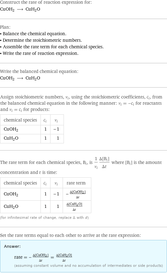 Construct the rate of reaction expression for: CuOH2 ⟶ CuH2O Plan: • Balance the chemical equation. • Determine the stoichiometric numbers. • Assemble the rate term for each chemical species. • Write the rate of reaction expression. Write the balanced chemical equation: CuOH2 ⟶ CuH2O Assign stoichiometric numbers, ν_i, using the stoichiometric coefficients, c_i, from the balanced chemical equation in the following manner: ν_i = -c_i for reactants and ν_i = c_i for products: chemical species | c_i | ν_i CuOH2 | 1 | -1 CuH2O | 1 | 1 The rate term for each chemical species, B_i, is 1/ν_i(Δ[B_i])/(Δt) where [B_i] is the amount concentration and t is time: chemical species | c_i | ν_i | rate term CuOH2 | 1 | -1 | -(Δ[CuOH2])/(Δt) CuH2O | 1 | 1 | (Δ[CuH2O])/(Δt) (for infinitesimal rate of change, replace Δ with d) Set the rate terms equal to each other to arrive at the rate expression: Answer: |   | rate = -(Δ[CuOH2])/(Δt) = (Δ[CuH2O])/(Δt) (assuming constant volume and no accumulation of intermediates or side products)