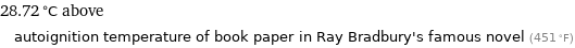 28.72 °C above autoignition temperature of book paper in Ray Bradbury's famous novel (451 °F)