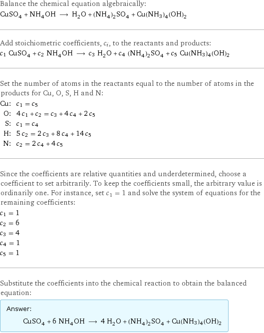 Balance the chemical equation algebraically: CuSO_4 + NH_4OH ⟶ H_2O + (NH_4)_2SO_4 + Cu(NH3)4(OH)2 Add stoichiometric coefficients, c_i, to the reactants and products: c_1 CuSO_4 + c_2 NH_4OH ⟶ c_3 H_2O + c_4 (NH_4)_2SO_4 + c_5 Cu(NH3)4(OH)2 Set the number of atoms in the reactants equal to the number of atoms in the products for Cu, O, S, H and N: Cu: | c_1 = c_5 O: | 4 c_1 + c_2 = c_3 + 4 c_4 + 2 c_5 S: | c_1 = c_4 H: | 5 c_2 = 2 c_3 + 8 c_4 + 14 c_5 N: | c_2 = 2 c_4 + 4 c_5 Since the coefficients are relative quantities and underdetermined, choose a coefficient to set arbitrarily. To keep the coefficients small, the arbitrary value is ordinarily one. For instance, set c_1 = 1 and solve the system of equations for the remaining coefficients: c_1 = 1 c_2 = 6 c_3 = 4 c_4 = 1 c_5 = 1 Substitute the coefficients into the chemical reaction to obtain the balanced equation: Answer: |   | CuSO_4 + 6 NH_4OH ⟶ 4 H_2O + (NH_4)_2SO_4 + Cu(NH3)4(OH)2