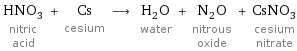 HNO_3 nitric acid + Cs cesium ⟶ H_2O water + N_2O nitrous oxide + CsNO_3 cesium nitrate