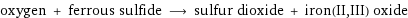 oxygen + ferrous sulfide ⟶ sulfur dioxide + iron(II, III) oxide