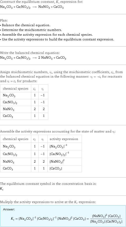 Construct the equilibrium constant, K, expression for: Na_2CO_3 + Ca(NO_3)_2 ⟶ NaNO_3 + CaCO_3 Plan: • Balance the chemical equation. • Determine the stoichiometric numbers. • Assemble the activity expression for each chemical species. • Use the activity expressions to build the equilibrium constant expression. Write the balanced chemical equation: Na_2CO_3 + Ca(NO_3)_2 ⟶ 2 NaNO_3 + CaCO_3 Assign stoichiometric numbers, ν_i, using the stoichiometric coefficients, c_i, from the balanced chemical equation in the following manner: ν_i = -c_i for reactants and ν_i = c_i for products: chemical species | c_i | ν_i Na_2CO_3 | 1 | -1 Ca(NO_3)_2 | 1 | -1 NaNO_3 | 2 | 2 CaCO_3 | 1 | 1 Assemble the activity expressions accounting for the state of matter and ν_i: chemical species | c_i | ν_i | activity expression Na_2CO_3 | 1 | -1 | ([Na2CO3])^(-1) Ca(NO_3)_2 | 1 | -1 | ([Ca(NO3)2])^(-1) NaNO_3 | 2 | 2 | ([NaNO3])^2 CaCO_3 | 1 | 1 | [CaCO3] The equilibrium constant symbol in the concentration basis is: K_c Mulitply the activity expressions to arrive at the K_c expression: Answer: |   | K_c = ([Na2CO3])^(-1) ([Ca(NO3)2])^(-1) ([NaNO3])^2 [CaCO3] = (([NaNO3])^2 [CaCO3])/([Na2CO3] [Ca(NO3)2])