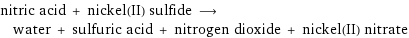 nitric acid + nickel(II) sulfide ⟶ water + sulfuric acid + nitrogen dioxide + nickel(II) nitrate