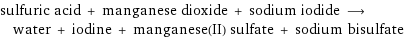 sulfuric acid + manganese dioxide + sodium iodide ⟶ water + iodine + manganese(II) sulfate + sodium bisulfate