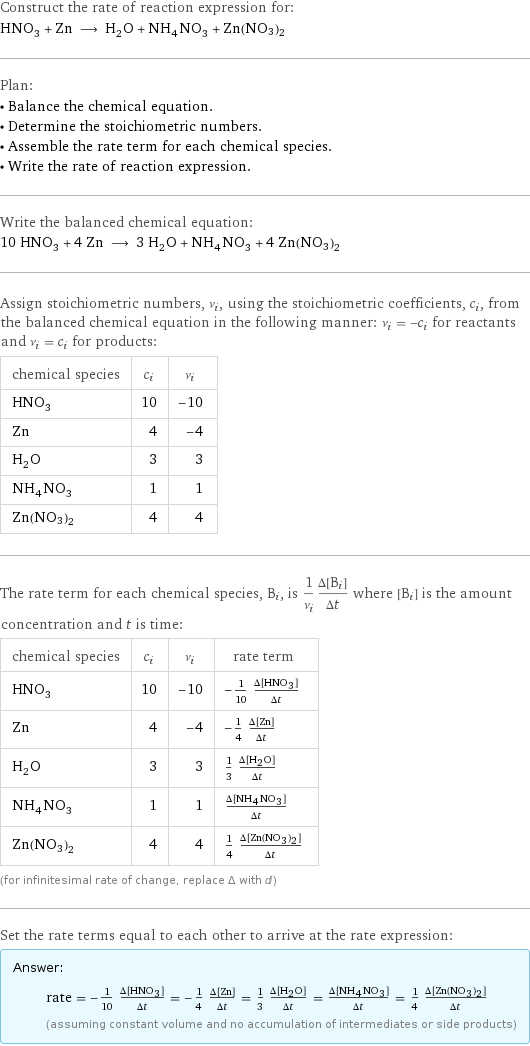 Construct the rate of reaction expression for: HNO_3 + Zn ⟶ H_2O + NH_4NO_3 + Zn(NO3)2 Plan: • Balance the chemical equation. • Determine the stoichiometric numbers. • Assemble the rate term for each chemical species. • Write the rate of reaction expression. Write the balanced chemical equation: 10 HNO_3 + 4 Zn ⟶ 3 H_2O + NH_4NO_3 + 4 Zn(NO3)2 Assign stoichiometric numbers, ν_i, using the stoichiometric coefficients, c_i, from the balanced chemical equation in the following manner: ν_i = -c_i for reactants and ν_i = c_i for products: chemical species | c_i | ν_i HNO_3 | 10 | -10 Zn | 4 | -4 H_2O | 3 | 3 NH_4NO_3 | 1 | 1 Zn(NO3)2 | 4 | 4 The rate term for each chemical species, B_i, is 1/ν_i(Δ[B_i])/(Δt) where [B_i] is the amount concentration and t is time: chemical species | c_i | ν_i | rate term HNO_3 | 10 | -10 | -1/10 (Δ[HNO3])/(Δt) Zn | 4 | -4 | -1/4 (Δ[Zn])/(Δt) H_2O | 3 | 3 | 1/3 (Δ[H2O])/(Δt) NH_4NO_3 | 1 | 1 | (Δ[NH4NO3])/(Δt) Zn(NO3)2 | 4 | 4 | 1/4 (Δ[Zn(NO3)2])/(Δt) (for infinitesimal rate of change, replace Δ with d) Set the rate terms equal to each other to arrive at the rate expression: Answer: |   | rate = -1/10 (Δ[HNO3])/(Δt) = -1/4 (Δ[Zn])/(Δt) = 1/3 (Δ[H2O])/(Δt) = (Δ[NH4NO3])/(Δt) = 1/4 (Δ[Zn(NO3)2])/(Δt) (assuming constant volume and no accumulation of intermediates or side products)