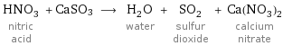 HNO_3 nitric acid + CaSO3 ⟶ H_2O water + SO_2 sulfur dioxide + Ca(NO_3)_2 calcium nitrate