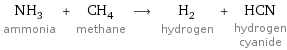 NH_3 ammonia + CH_4 methane ⟶ H_2 hydrogen + HCN hydrogen cyanide