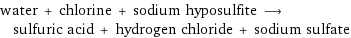 water + chlorine + sodium hyposulfite ⟶ sulfuric acid + hydrogen chloride + sodium sulfate