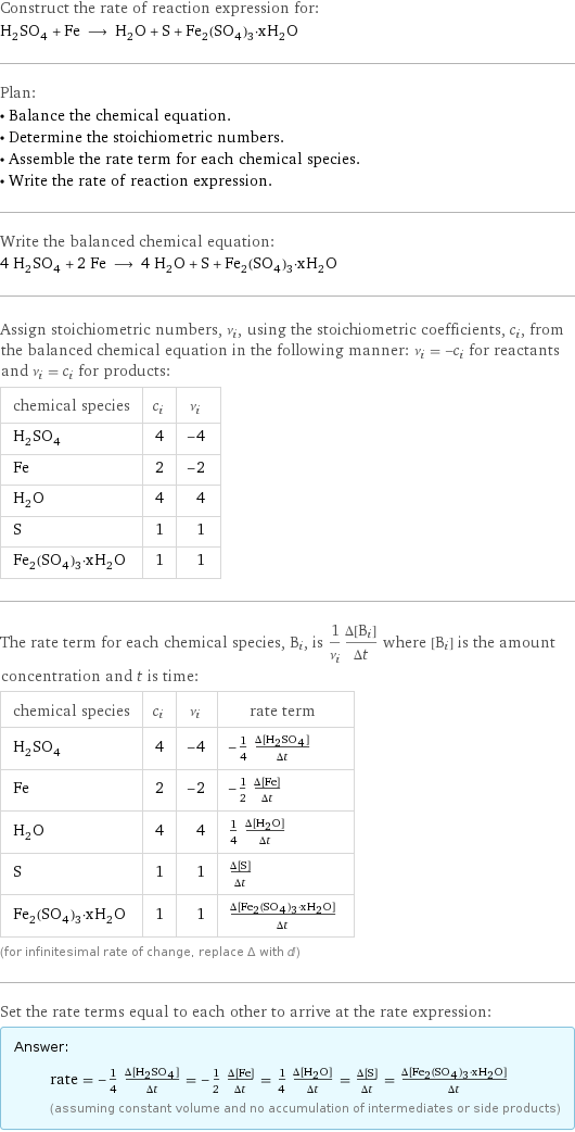 Construct the rate of reaction expression for: H_2SO_4 + Fe ⟶ H_2O + S + Fe_2(SO_4)_3·xH_2O Plan: • Balance the chemical equation. • Determine the stoichiometric numbers. • Assemble the rate term for each chemical species. • Write the rate of reaction expression. Write the balanced chemical equation: 4 H_2SO_4 + 2 Fe ⟶ 4 H_2O + S + Fe_2(SO_4)_3·xH_2O Assign stoichiometric numbers, ν_i, using the stoichiometric coefficients, c_i, from the balanced chemical equation in the following manner: ν_i = -c_i for reactants and ν_i = c_i for products: chemical species | c_i | ν_i H_2SO_4 | 4 | -4 Fe | 2 | -2 H_2O | 4 | 4 S | 1 | 1 Fe_2(SO_4)_3·xH_2O | 1 | 1 The rate term for each chemical species, B_i, is 1/ν_i(Δ[B_i])/(Δt) where [B_i] is the amount concentration and t is time: chemical species | c_i | ν_i | rate term H_2SO_4 | 4 | -4 | -1/4 (Δ[H2SO4])/(Δt) Fe | 2 | -2 | -1/2 (Δ[Fe])/(Δt) H_2O | 4 | 4 | 1/4 (Δ[H2O])/(Δt) S | 1 | 1 | (Δ[S])/(Δt) Fe_2(SO_4)_3·xH_2O | 1 | 1 | (Δ[Fe2(SO4)3·xH2O])/(Δt) (for infinitesimal rate of change, replace Δ with d) Set the rate terms equal to each other to arrive at the rate expression: Answer: |   | rate = -1/4 (Δ[H2SO4])/(Δt) = -1/2 (Δ[Fe])/(Δt) = 1/4 (Δ[H2O])/(Δt) = (Δ[S])/(Δt) = (Δ[Fe2(SO4)3·xH2O])/(Δt) (assuming constant volume and no accumulation of intermediates or side products)