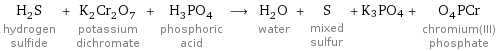 H_2S hydrogen sulfide + K_2Cr_2O_7 potassium dichromate + H_3PO_4 phosphoric acid ⟶ H_2O water + S mixed sulfur + K3PO4 + O_4PCr chromium(III) phosphate