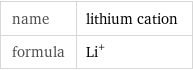 name | lithium cation formula | Li^+