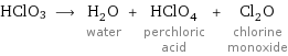 HClO3 ⟶ H_2O water + HClO_4 perchloric acid + Cl_2O chlorine monoxide